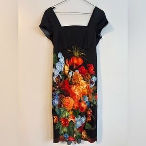 Tenax Black Floral Cap Sleeve Made in Italy Midi Dress Size Small